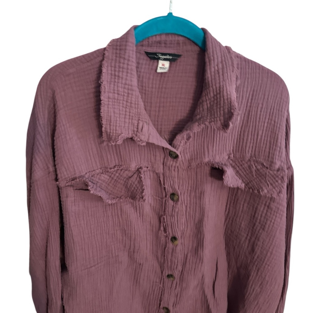 Supplies purple distressed Women's Button Down Shirt in Purple X-Large